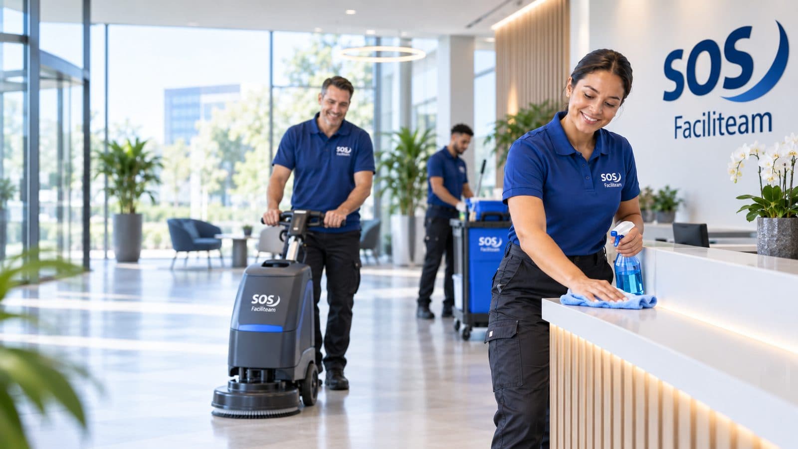 Medewerkers van SOS Faciliteam aan het werk in een kantoorlobby